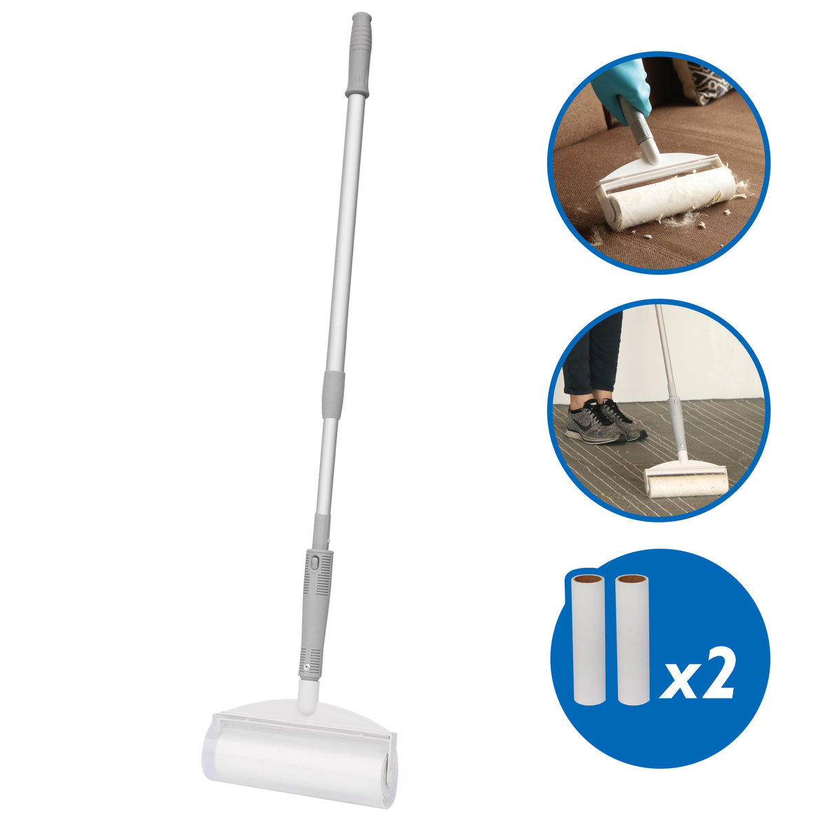 除塵轆 長柄 地面地毯 除塵轆 貓 狗毛 毛髮粘毛器 竉物除毛器 粘毛滾筒 衣物除塵轆 除塵滾筒(含1伸縮鋁杆+2個替換芯）[HT-GHSD0102]