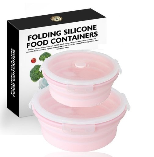 Irainbow 粉紅 Fda 耐高溫便携折叠餐盒 1合2pack裝 500 800ml 圓形便攜折疊硅膠飯盒微波爐學生便當盒硅膠旅行摺疊飯盒 矽膠碗戶外水果保鮮盒可攜式餐具套裝