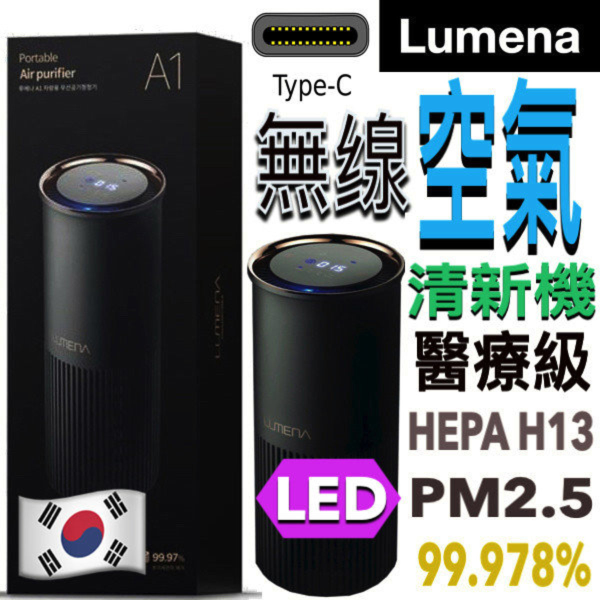 辦公室，座抬，旅行，車用  LED 顯示PM2.5 指數 A1 韓國品牌 無缐空氣清浄機 清新機HEPA H13級濾芯 air purifier