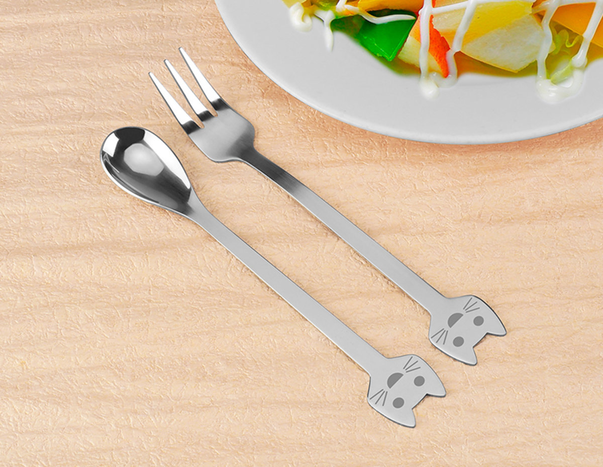 Stainless Steel Teaspoon + Fork (16cm Blessed Cat Family, Blissful)
