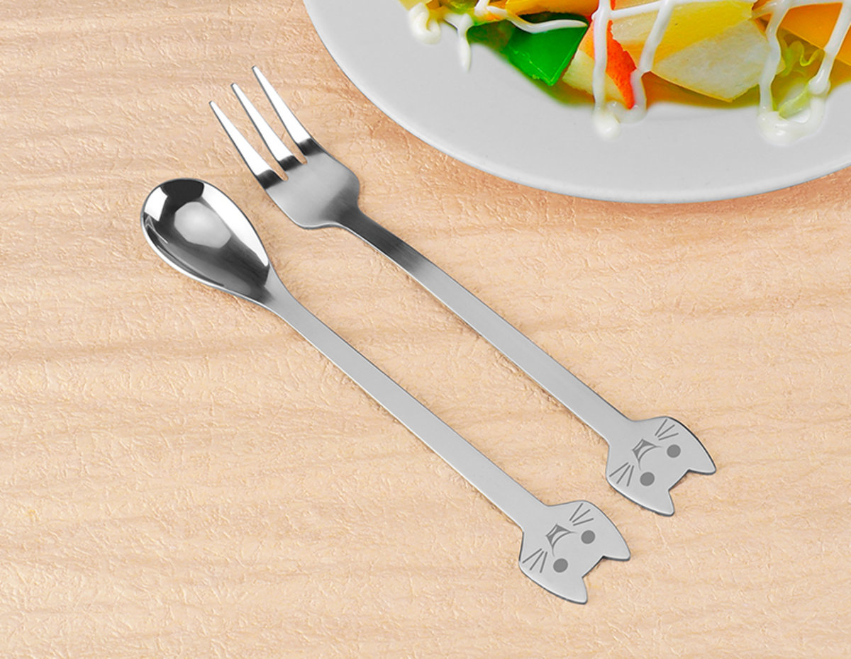 Stainless Steel Teaspoon + Fork (16cm Blessed Cat Family, Healthy)