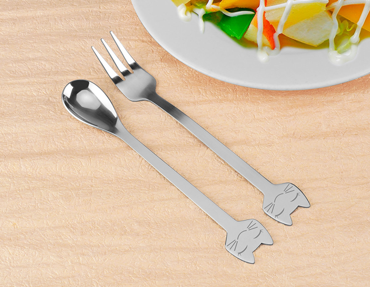 Stainless Steel Teaspoon + Fork (16cm Blessed Cat Family, Happy)