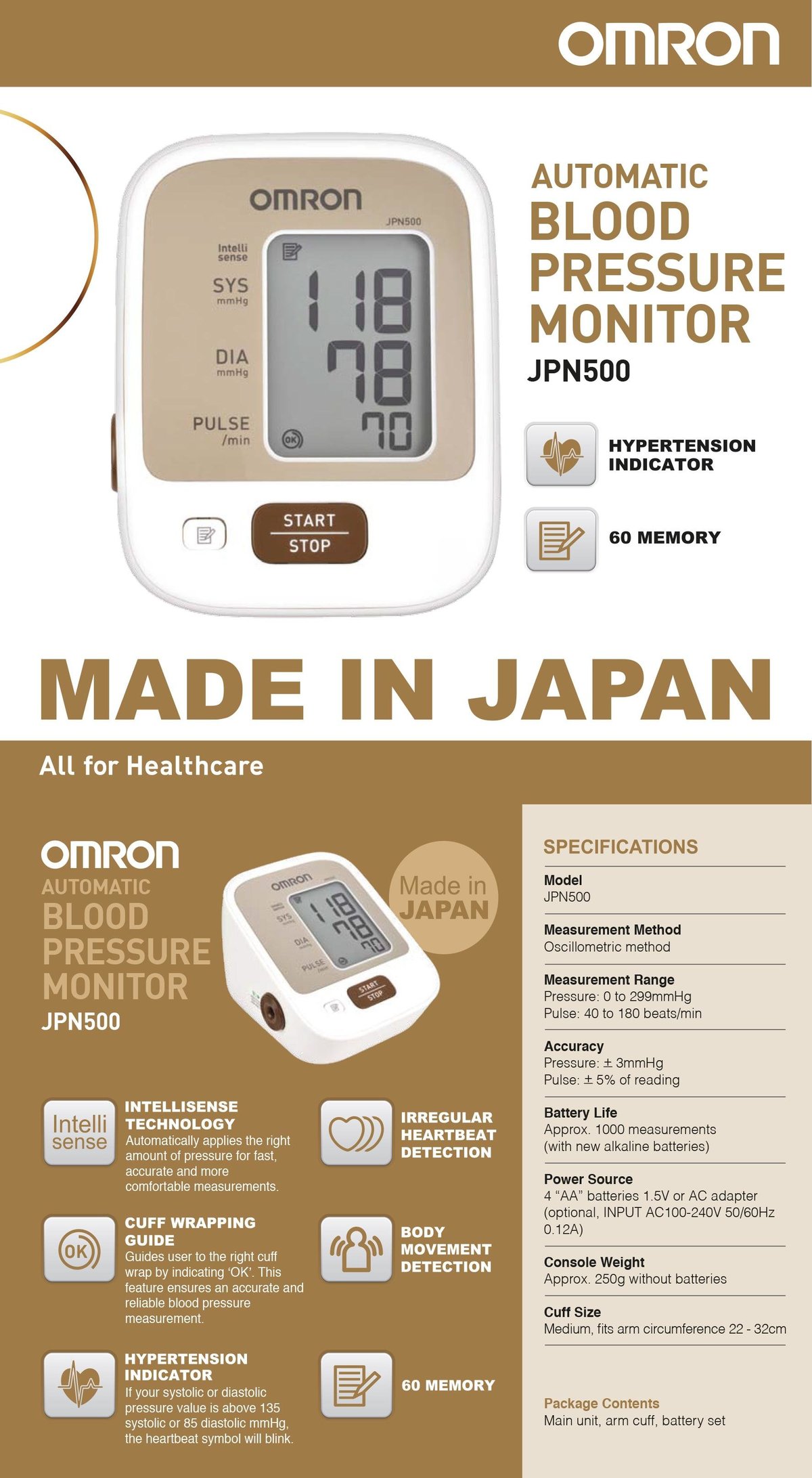 omron upper arm blood pressure monitor jpn500