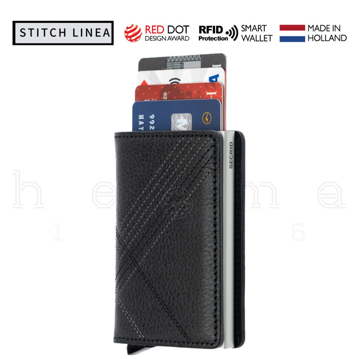 RFID智能防盜真皮銀包 - Slimwallet - Stitch Linea 黑色 (銀鋁) [平行進口] 