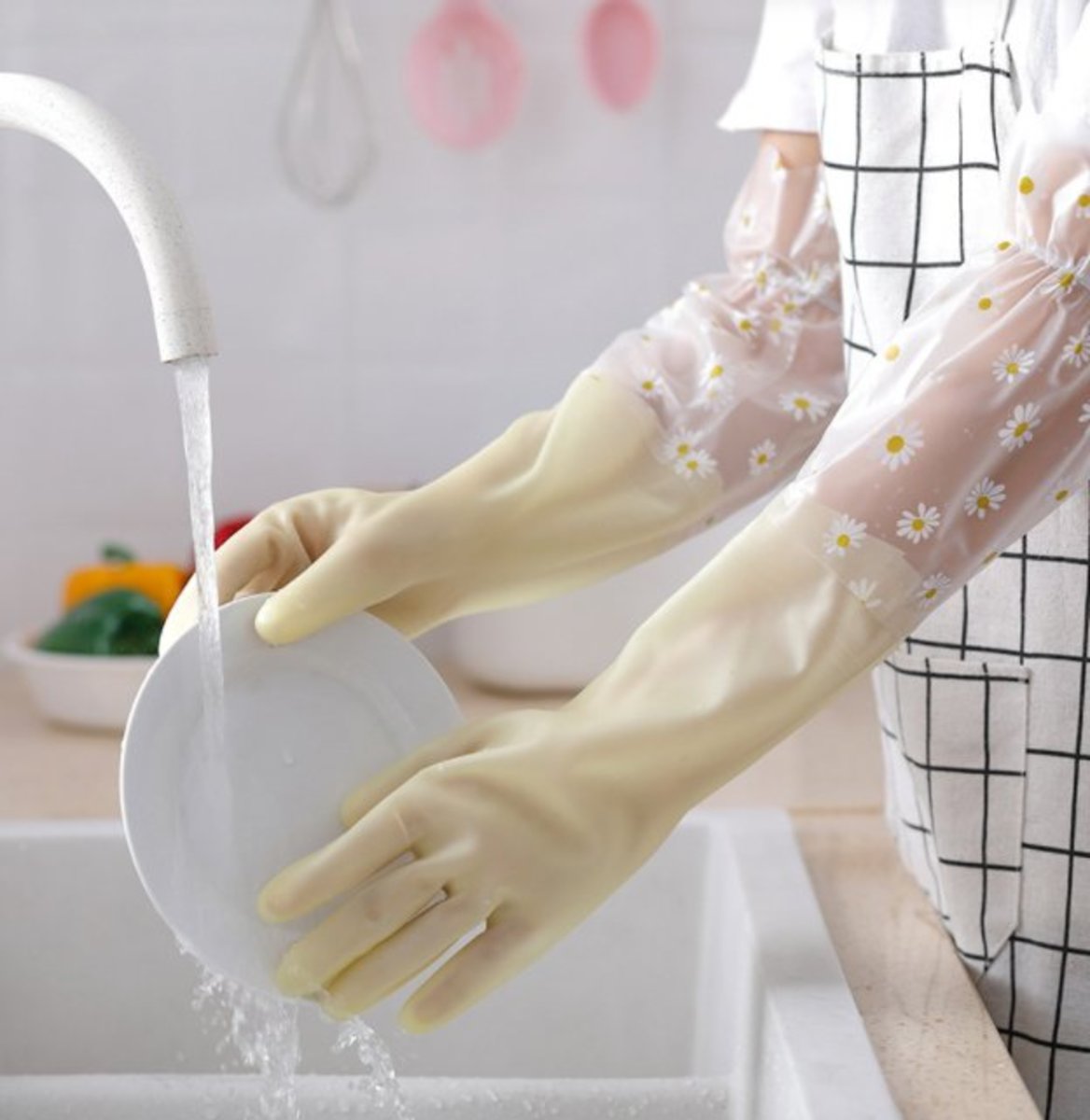 (M/Restricted Opening/Yellow Flowers) Long Cuff Splash-Proof Durable & High-Tenacity Household/Dishwashing Gloves x 1 pair