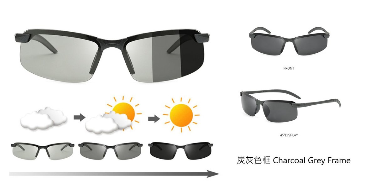 (炭灰框灰鏡片) 智能感光自動變色偏光太陽眼鏡 UV400 (彈弓臂) x 1副