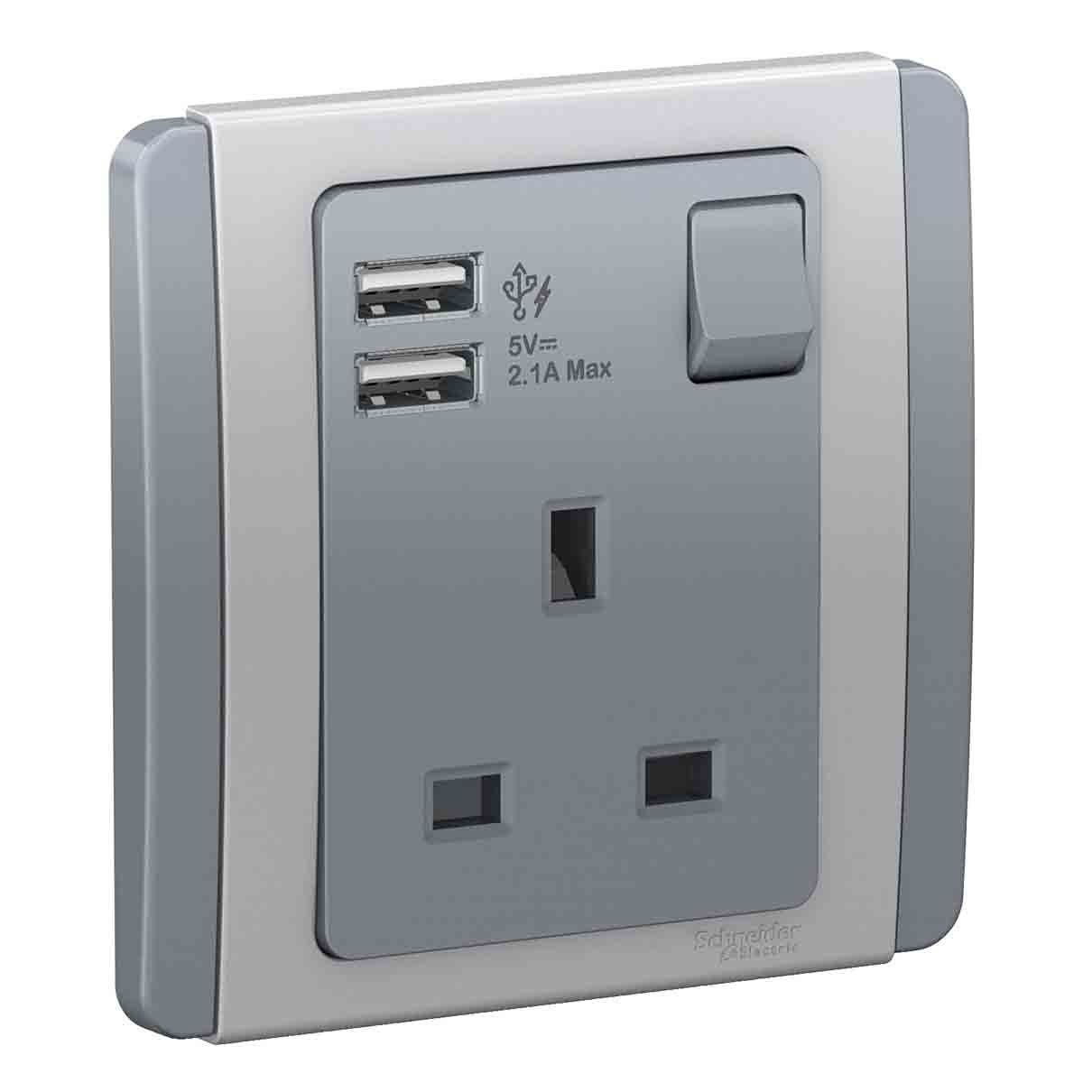 NEO 13A Switched Socket Outlet with 2 Gang USB Charger Socket (Grey Silver)