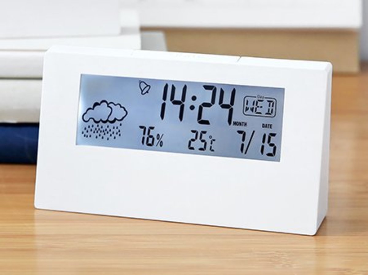 (White+Backlight) Multi-function Table Digital Alarm Clock w/ Temp, Humidity, Weather Forecast&Date
