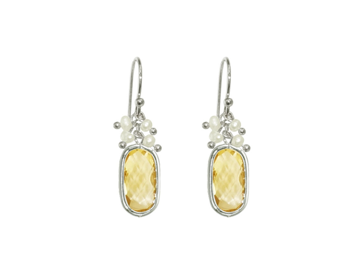 Birthstone with Pearl Earrings Silver Color - Citrine Quartz (November)