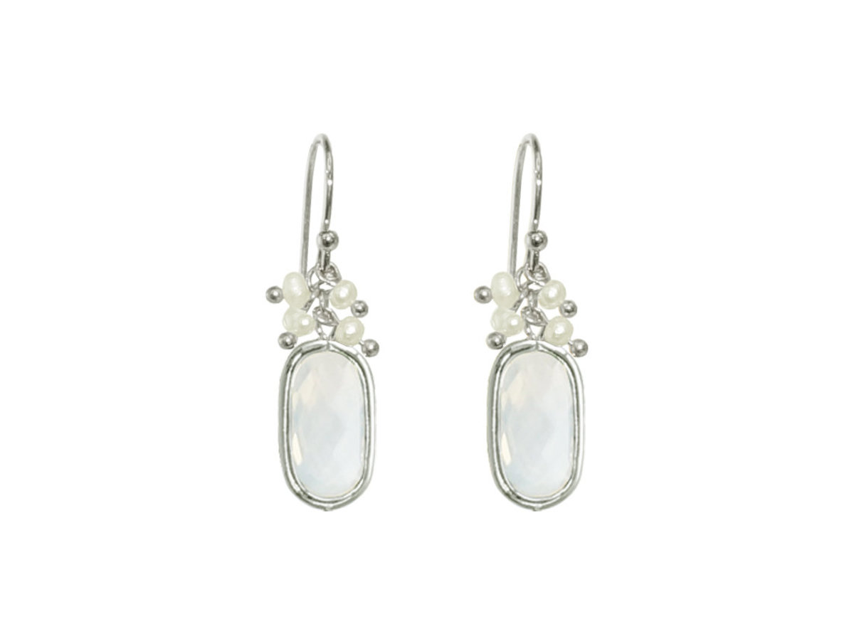 生日石與珍珠耳環銀色 - 蛋白石 (六月)