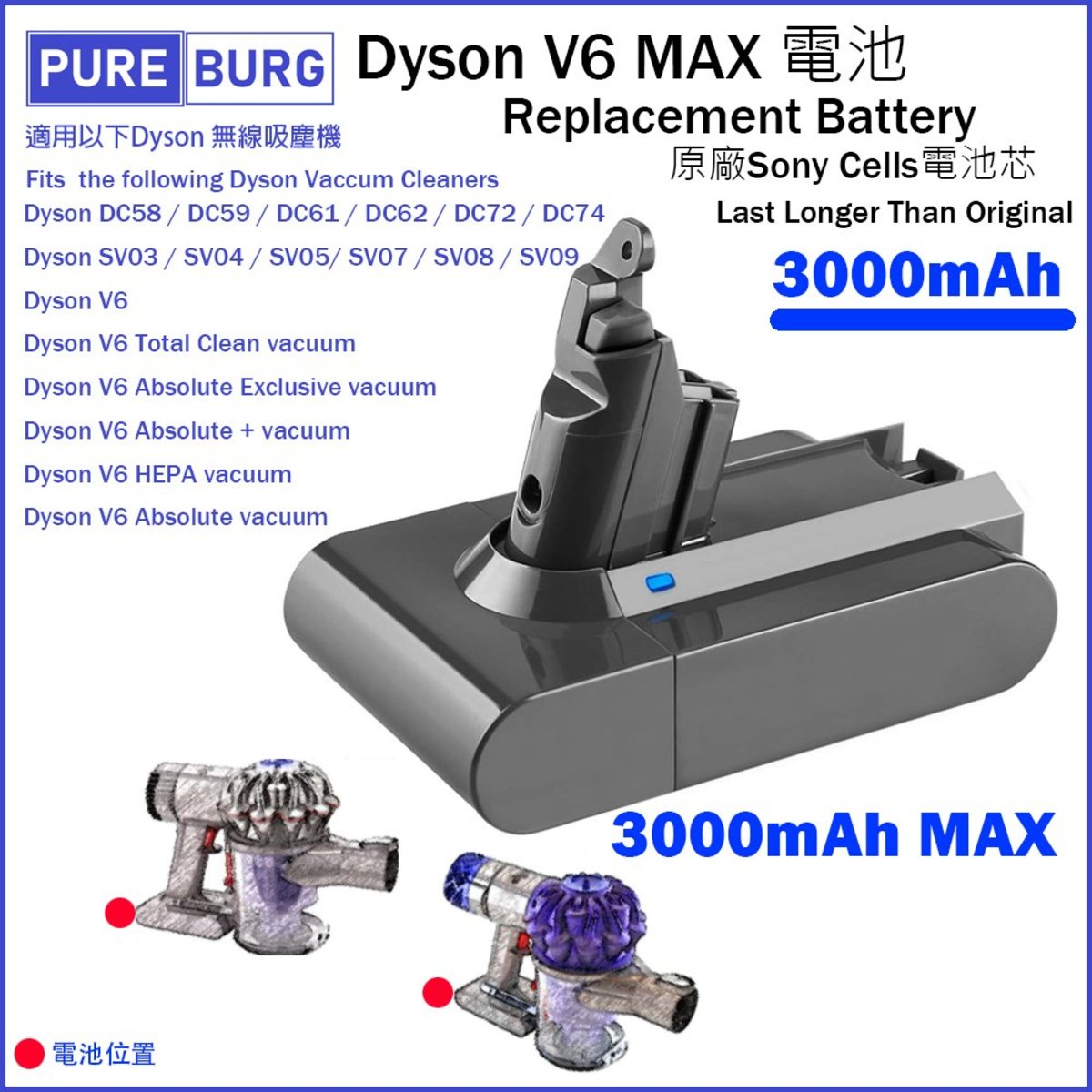 Pureburg | Replacement Lithium Battery 3000mAh for Dyson V6 DC58 DC61 DC72 SV06 SV07 SV08 SV09 | HKTVmall The Largest HK Shopping Platform