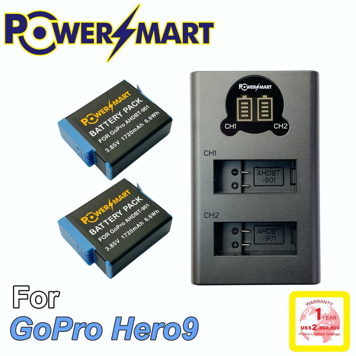 Powersmart Gopro Hero9 2x代用電池 Usb兩位充電器套裝 Hktvmall 香港最大網購平台