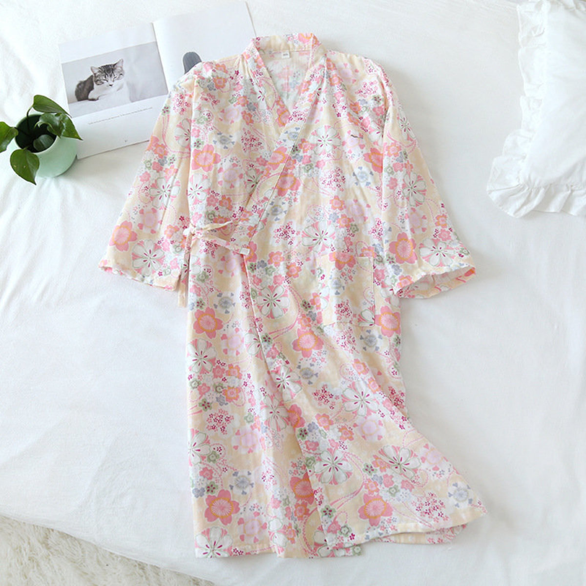 Japanese cotton kimono bathrobe pajamas✿Pink Flower✿M
