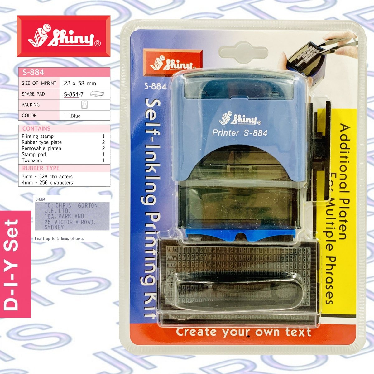 台灣 Shiny® S-884 D.I.Y.字粒組合印章, 3mm 及 4mm 藍色《香港行貨》