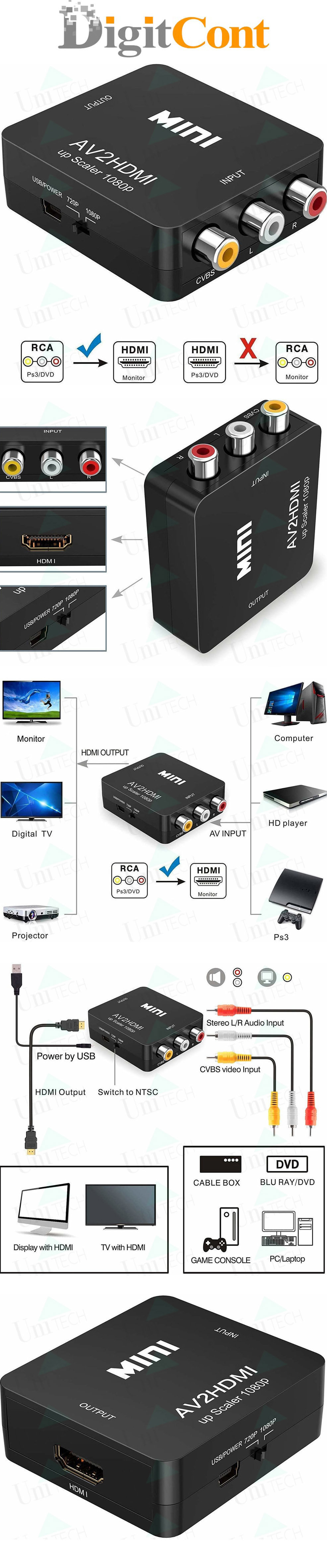 DigitCont Mini RCA Composite CVBS AV to HDMI Video Audio Converter Adapter Supporting PAL//NTSC 1080P//720P with USB Charge Cable