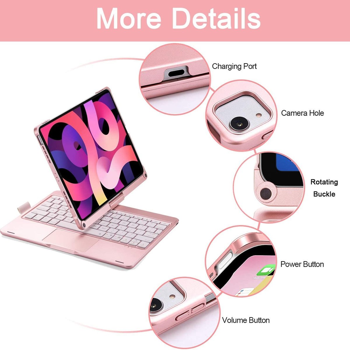 iPad Air 4 10.9, iPad Pro 11 2020/2018轉動藍牙Keyboard (兩色）粉紅