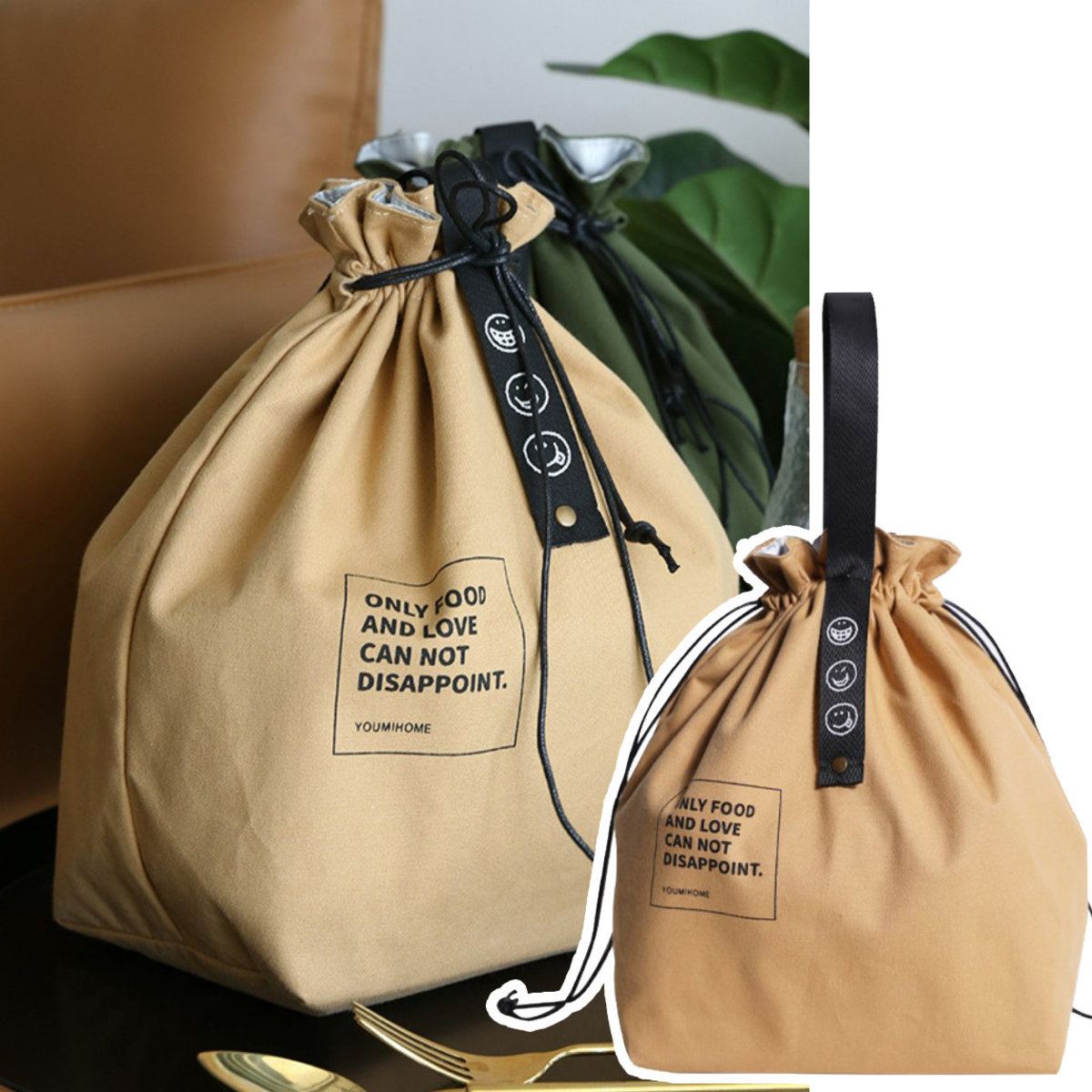 日式簡約束口織帶保溫飯袋lunch bag餐包日系棉麻工業風帆布野餐便當包 多用途袋 