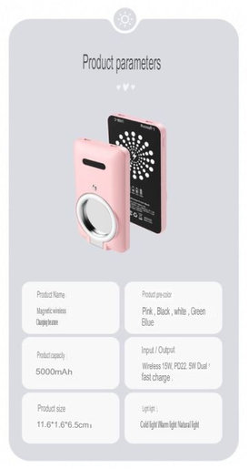 Agrade 粉紅色 磁吸無線充電器22 5w Magsafe磁吸式5000mah外置電自帶化妝鏡內置補光燈三檔補光燈大容量充電器