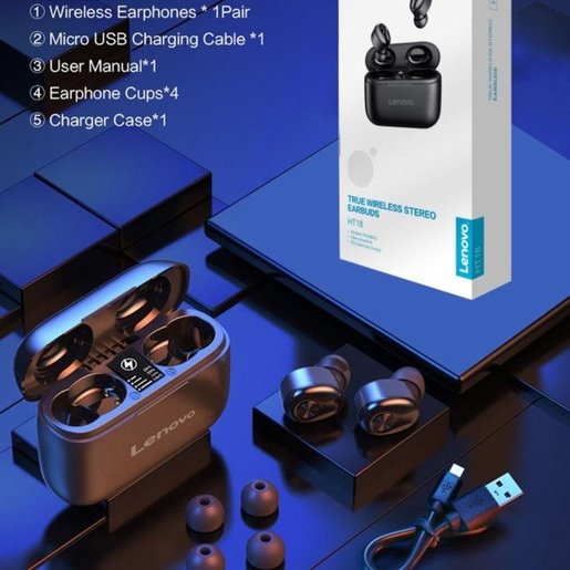 聯想 黑色 Lenovo Ht18 真無線藍牙5 0運動耳機true Wireless Stereo Earbuds Case Battery 1000mah 無線藍芽耳機無線耳機極致音質迷你雙耳無線強勁低音雙耳通話聯想充電盒