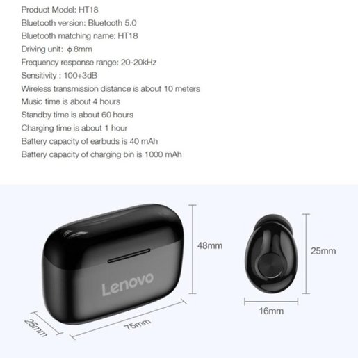 聯想 黑色 Lenovo Ht18 真無線藍牙5 0運動耳機true Wireless Stereo Earbuds Case Battery 1000mah 無線藍芽耳機無線耳機極致音質迷你雙耳無線強勁低音雙耳通話聯想充電盒