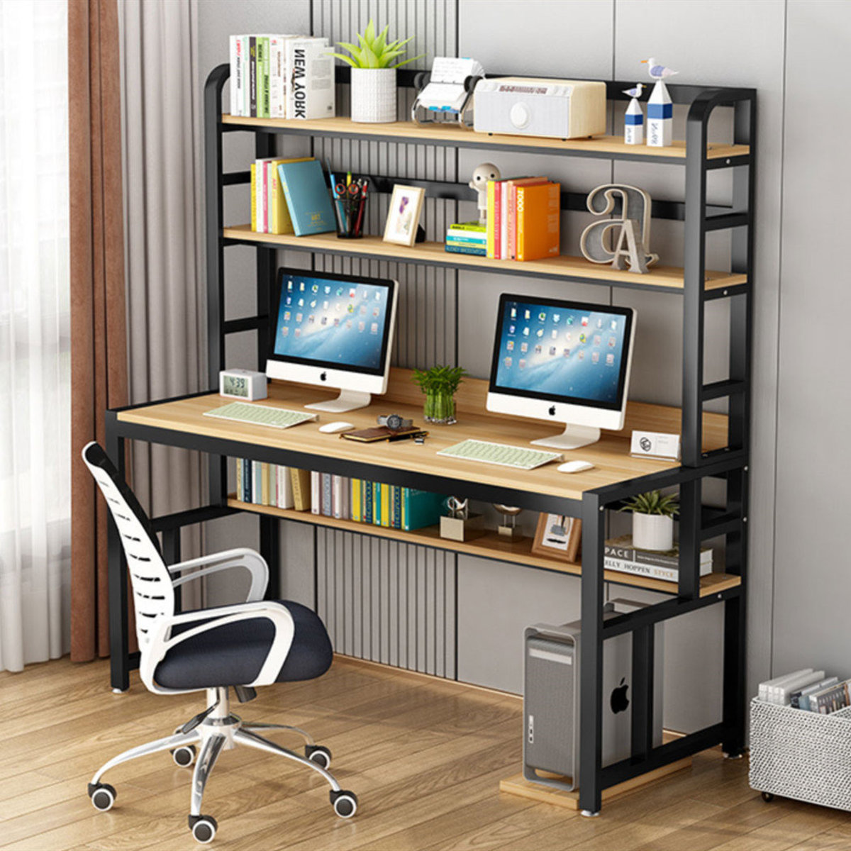 Cherry furniture | Double-layer computer desk book desk with bookshelf