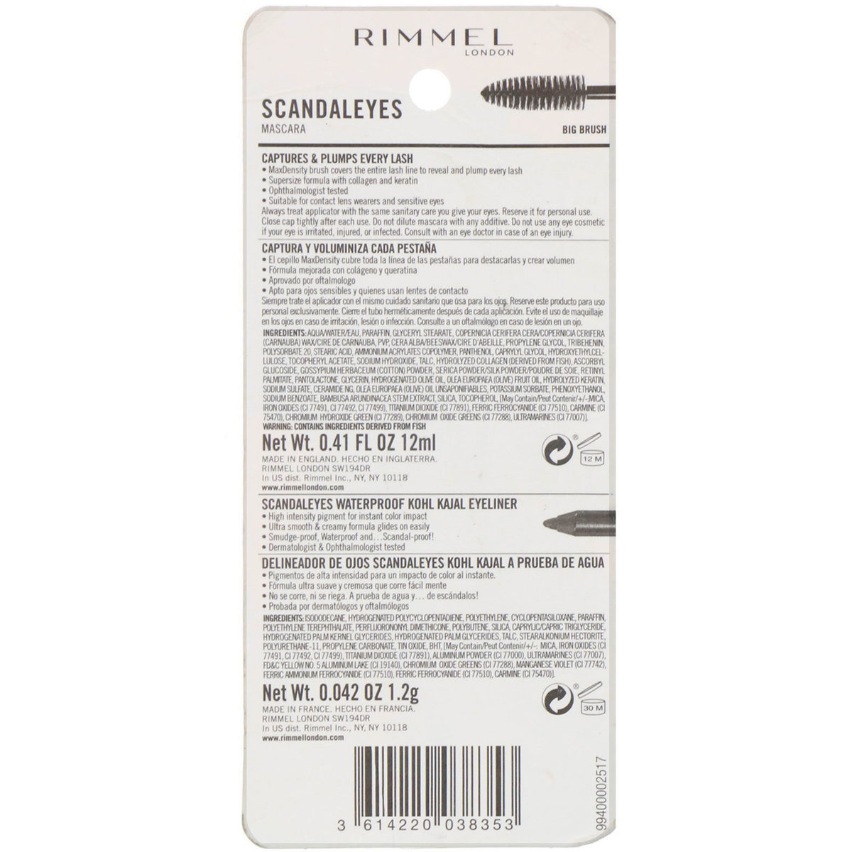 Rimmel London | Scandaleyes放大眼睛睫毛膏+防水Kohl Kajal眼線筆003極黑（兩件套）【平行進口 ...