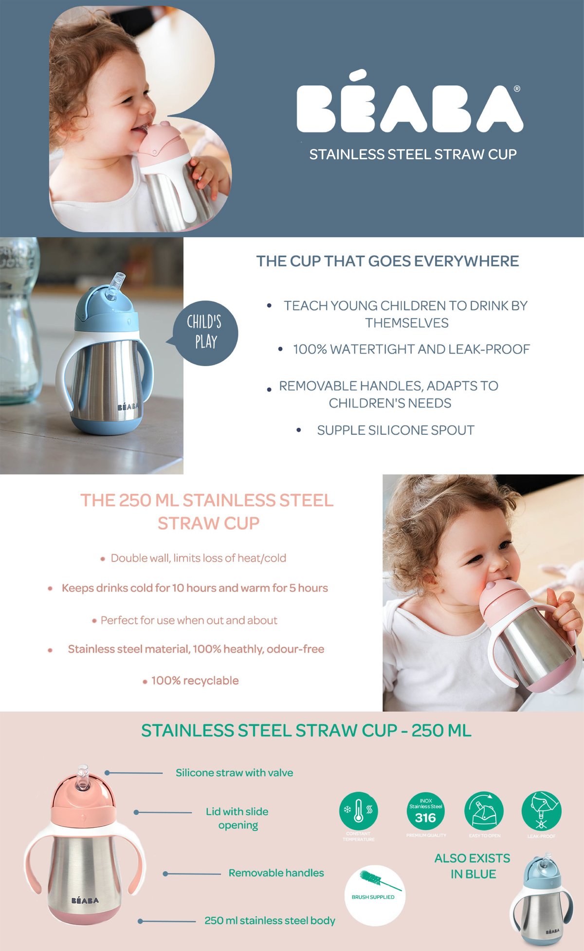 Beaba - Stainless Steel Straw Sippy Cup (Rain)