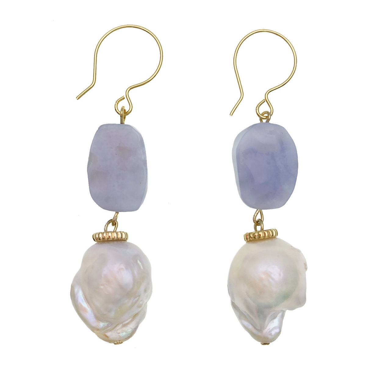 Blue Lace Agate With Baroque Pearl Dangle Earrings