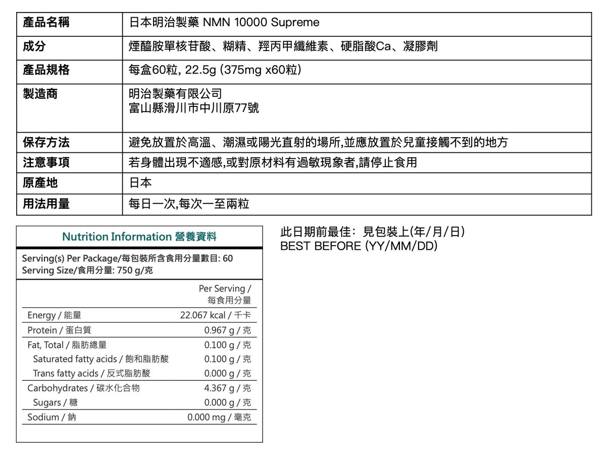 明治| 日本NMN10000 Supreme 高純度99.5%+細胞修復抗衰逆齡淡斑去紋