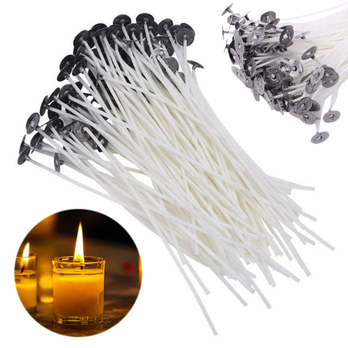 100pcs Premium Candle Wicks Low Smoke Pre Waxed Wick with Tabs Sustainers Core