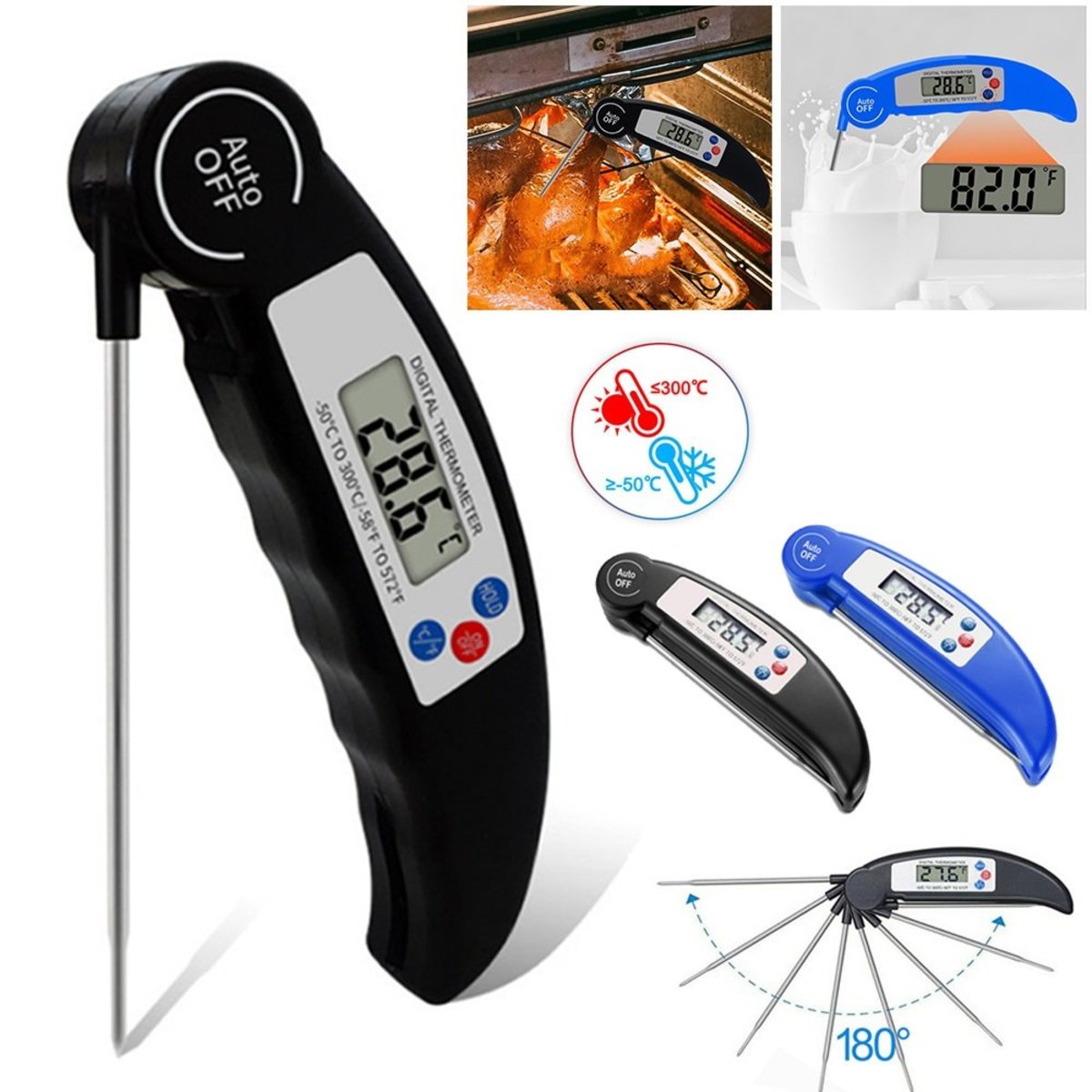 Foldable Digital Food Thermometer Probe Temperature Kitchen Cooking BBQ Meat Jam
