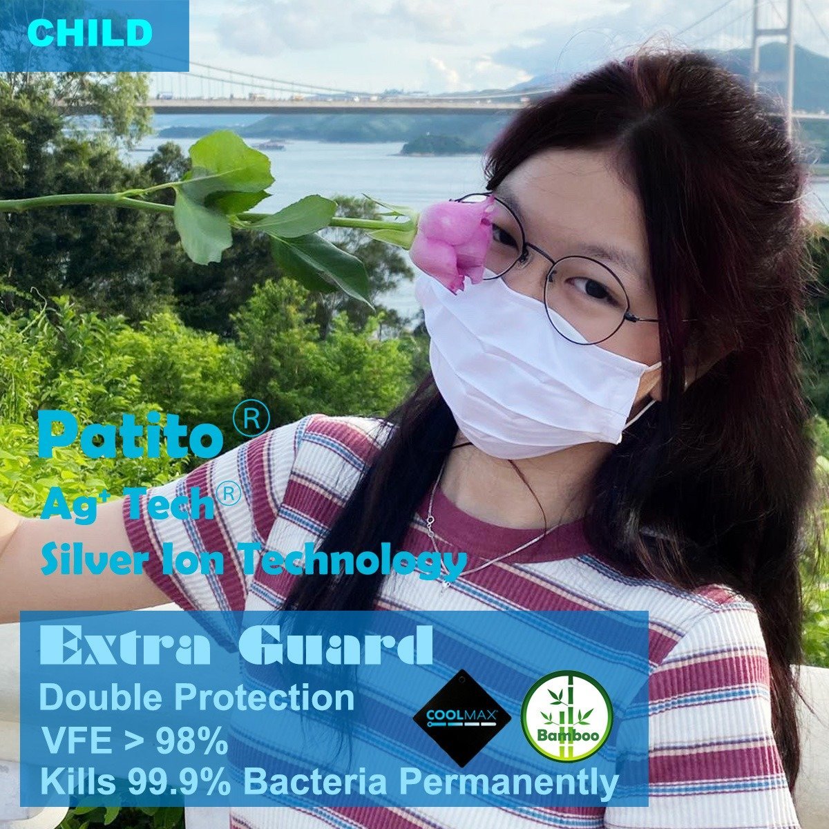 Ag+Tech - Extra Guard COOLMAX + Bamboo Double Layered Face Mask ,  (VFE>98%) White--EG3022C