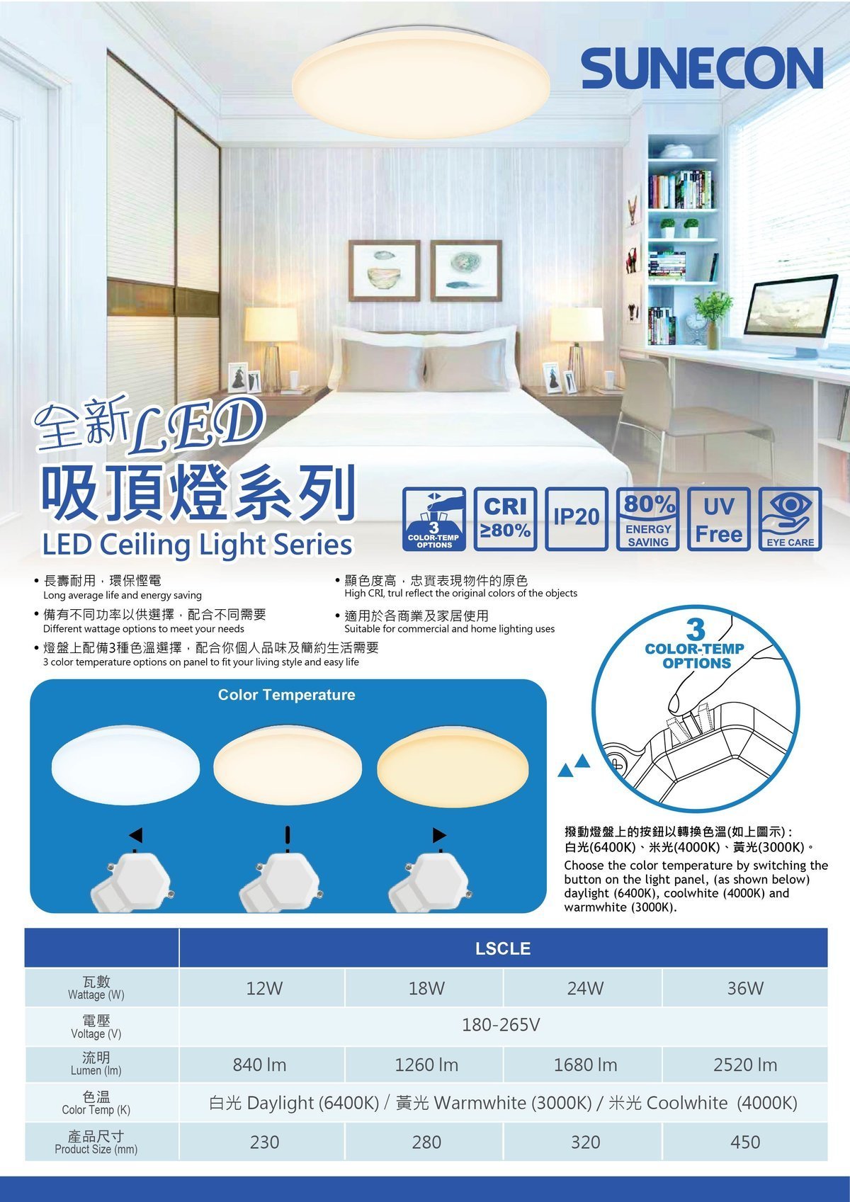新而光 | 圓形LED天花吸頂燈 36W 燈盤預設三色溫選擇掣 黃光3000K / 米光4000K / 白光6500K (LSCLE-36W ...