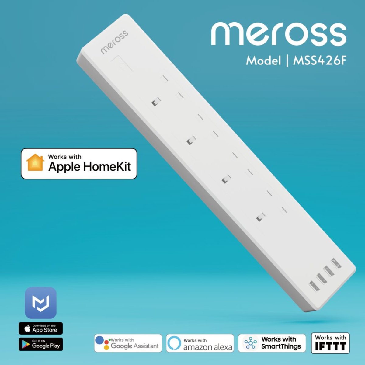 Meross - MSS426F Apple HomeKit 4 ports Power Bar Smart Wi-Fi Surge Protector (UK Plug)