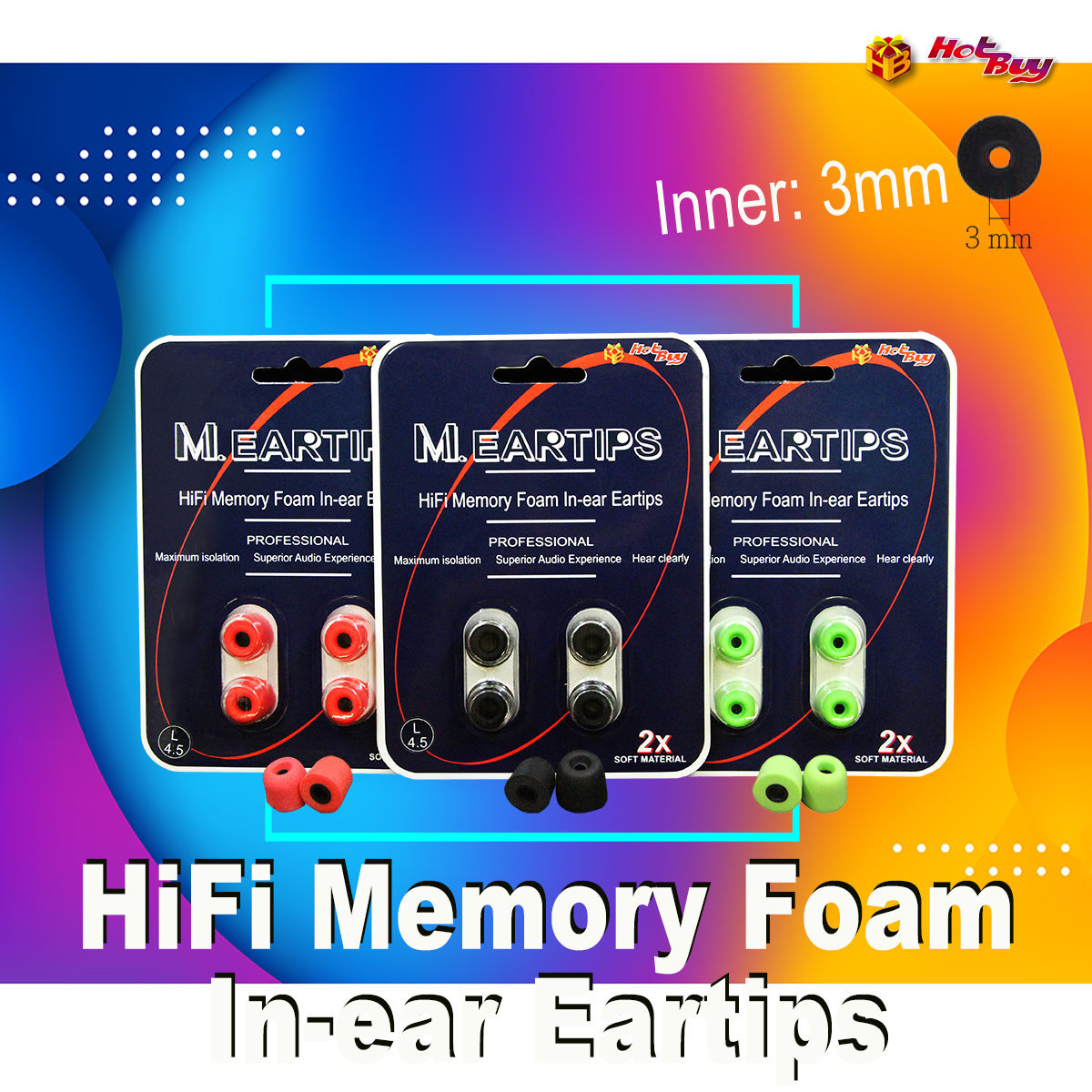M.EARTIPS - HiFi Memory Foam In-ear Eartips (One set two packs, Each pack two pairs) (Inner: 3 mm)