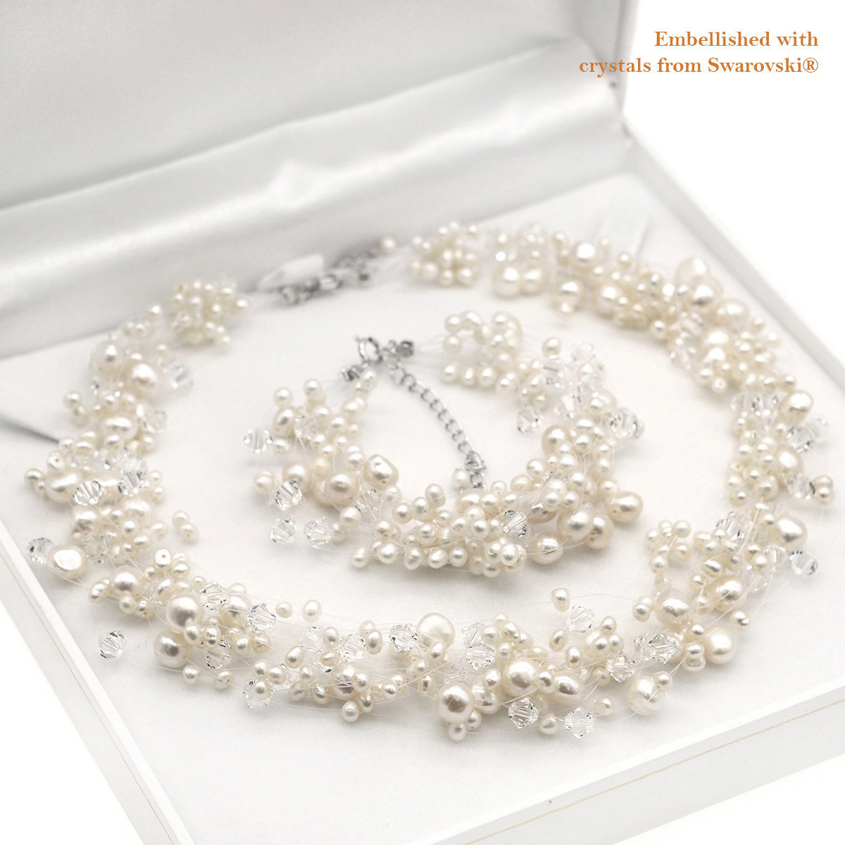 Pure- 婚嫁淡水珍珠配施華洛世奇水晶頸鏈及手鏈套裝