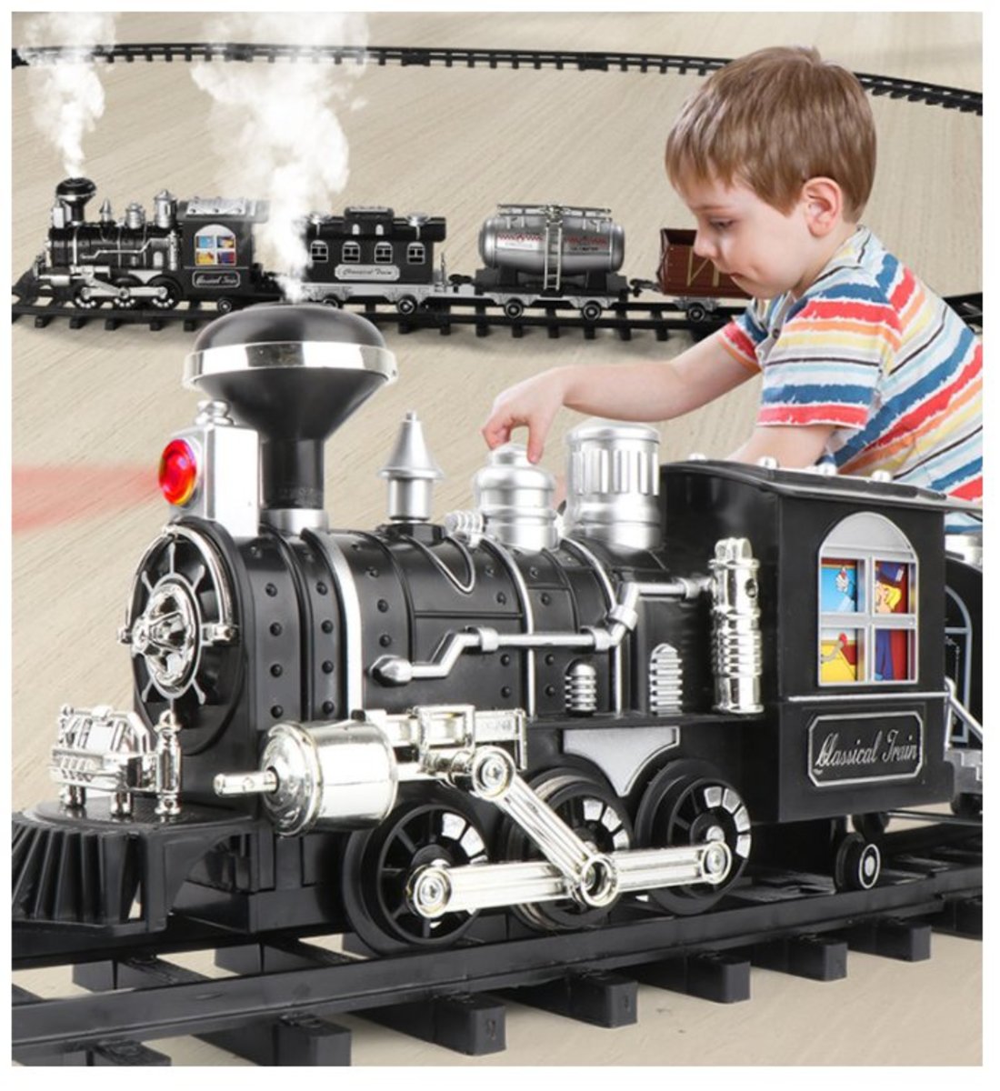 兒童玩具, 經典蒸汽火車玩具, 帶有遙控 , 煙霧, 燈光和聲音, 鐵路軌道玩具, 適合生日及派對禮物