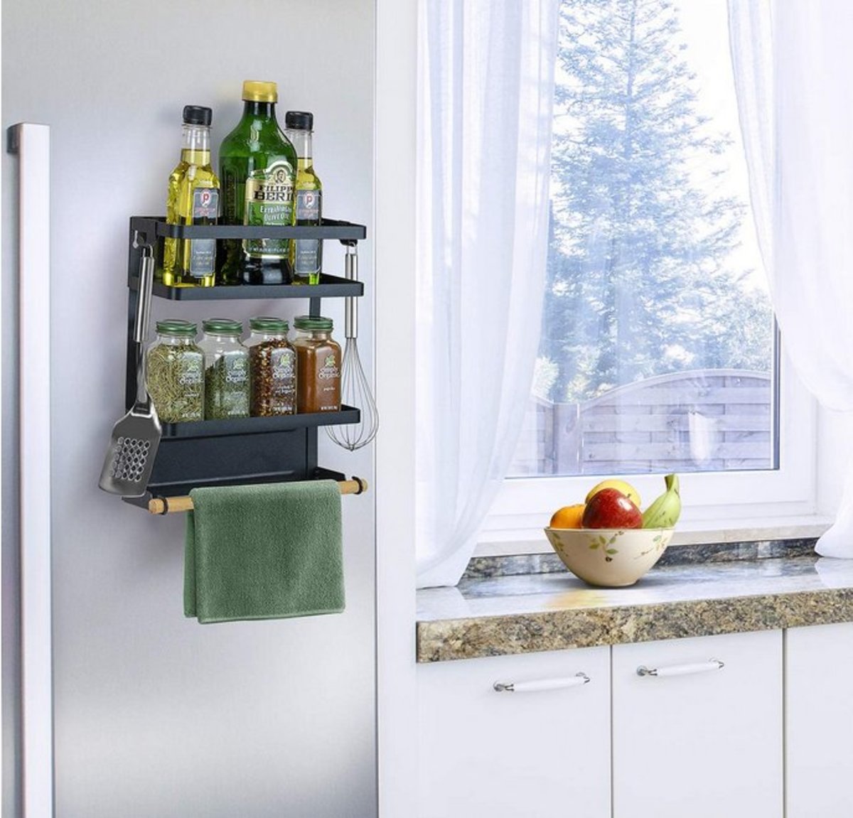 冰箱用磁性香料架整理器，帶紙巾架和3 個掛鉤的磁性儲物架，多功能儲物架（黑色）