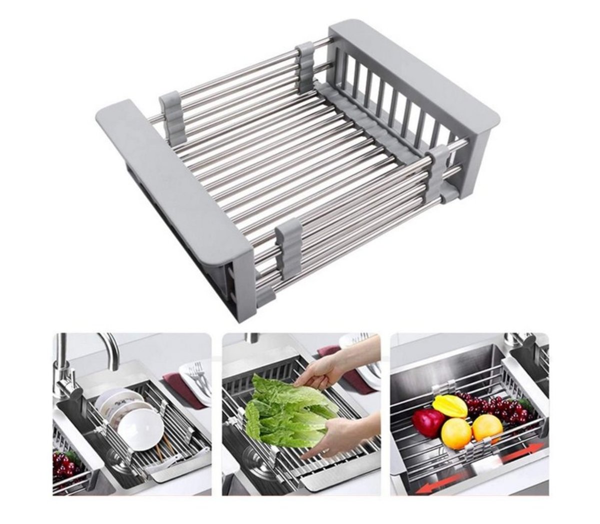 Expandable Dish Drying Rack Over The Sink, Stainless Steel Dish Drainer, Thick Non-Slip, Easy Clean