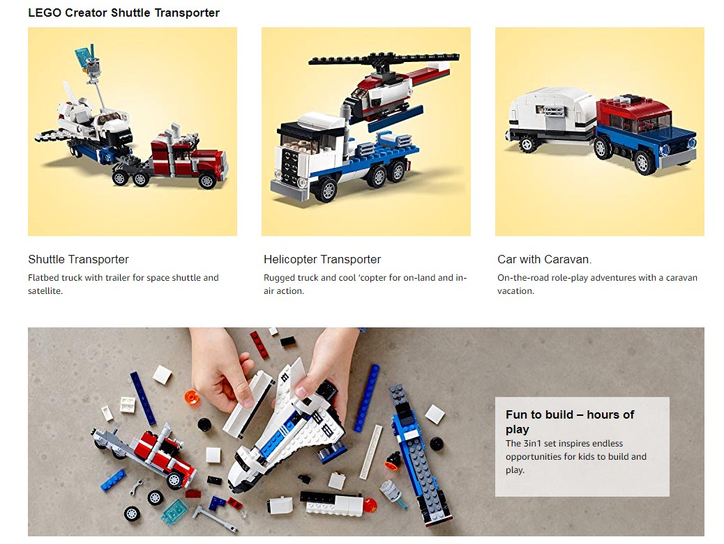lego creator 3in1 shuttle transporter 31091